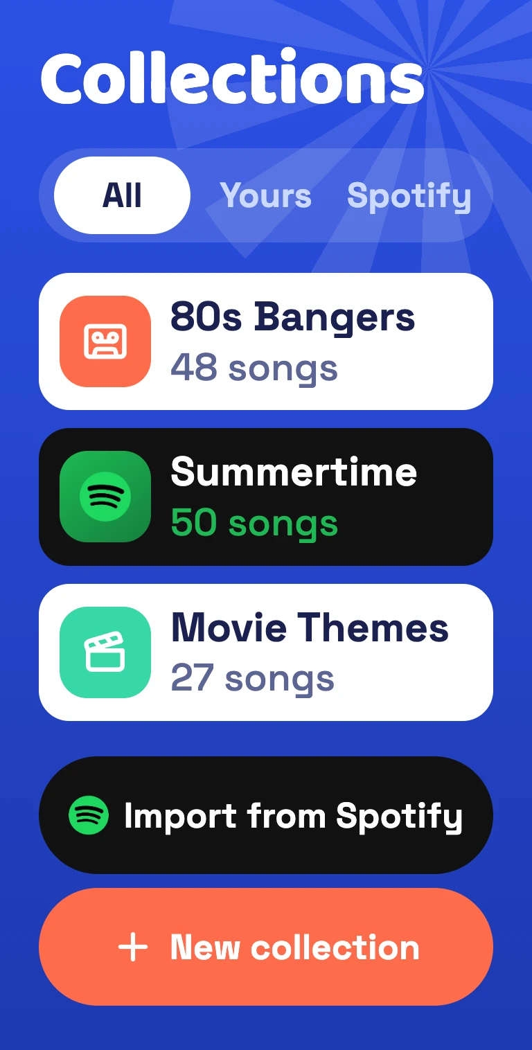 The Humus collections screen, listing song collections to play with
